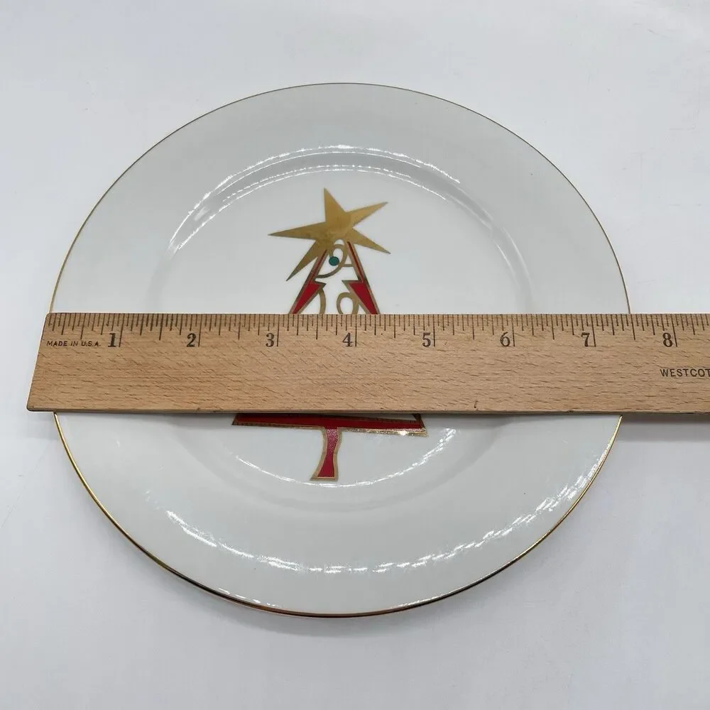 Pier 1 Christmas Tree Porcelain Salad Plates 7 1/2” Set of 4 Red Green Gold